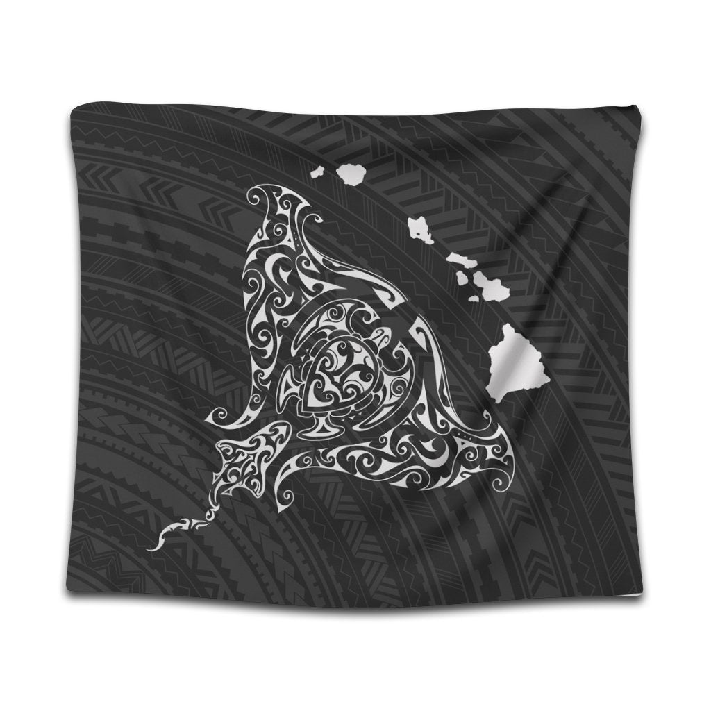 Hawaiian Map Manta Ray White Polynesian Tapestry - AH Wall Tapestry Black - Polynesian Pride