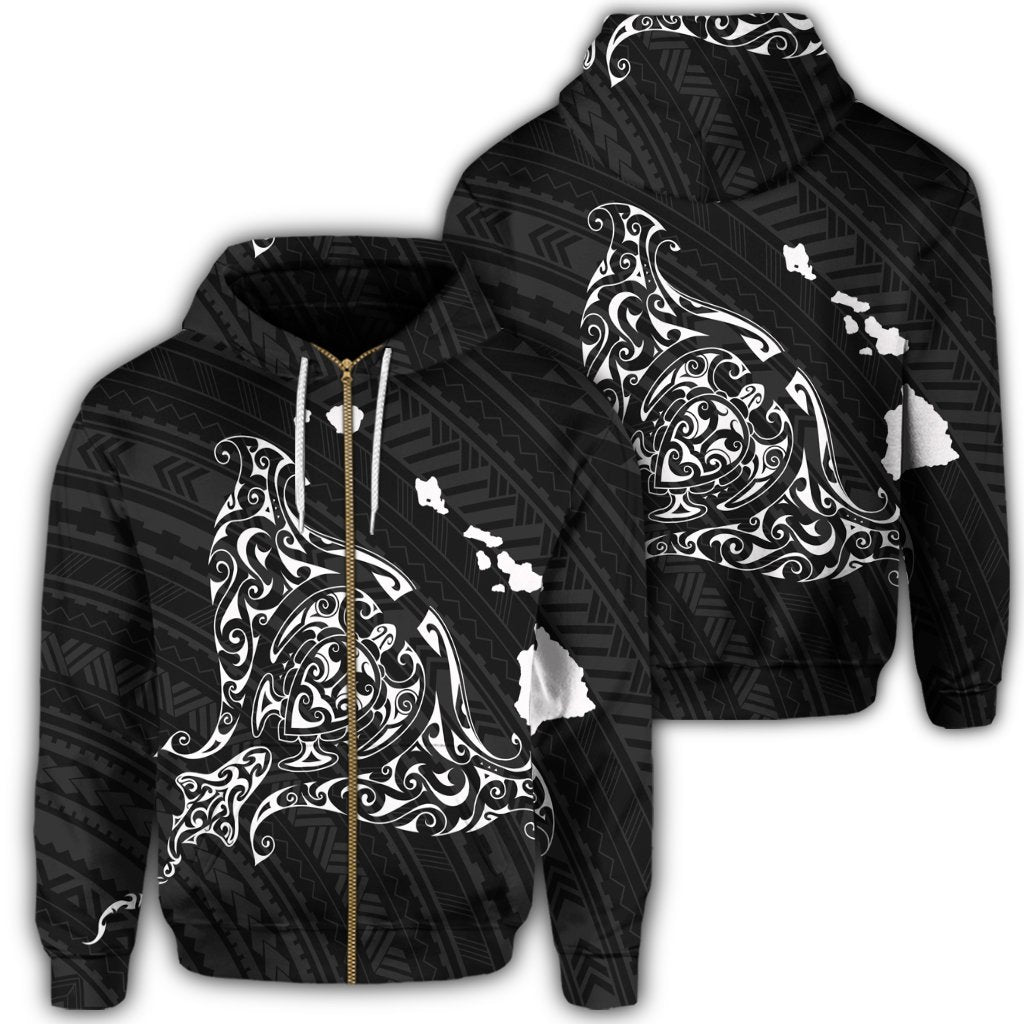 Hawaiian Map Manta Ray White Polynesian Zip Hoodie Unisex Art - Polynesian Pride