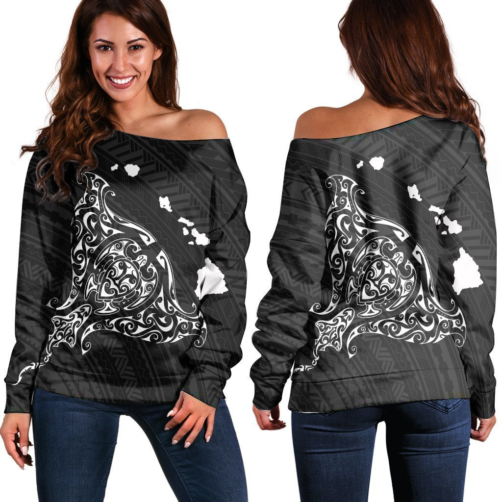 Hawaiian Map Manta Ray White Polynesian Women's Off Shoulder Sweater - AH Black - Polynesian Pride