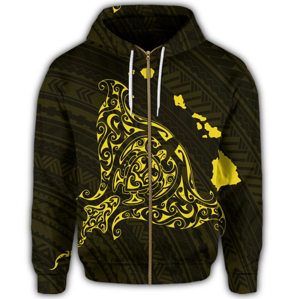 Hawaiian Map Manta Ray Yellow Polynesian Zip Hoodie - Polynesian Pride