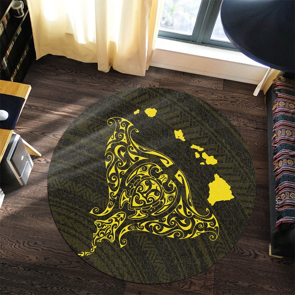 Hawaiian Map Manta Ray Yellow Polynesian Round Carpet - AH - Polynesian Pride