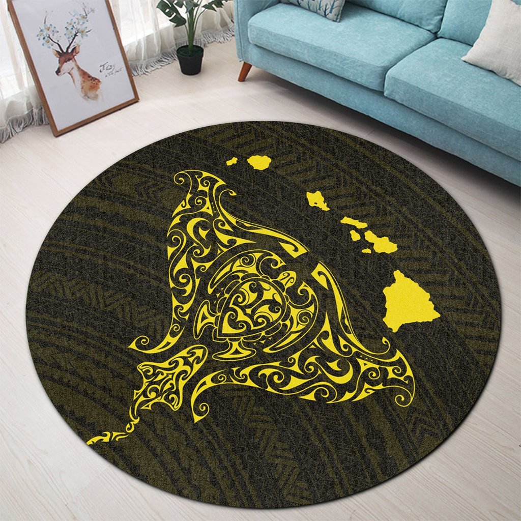 Hawaiian Map Manta Ray Yellow Polynesian Round Carpet - AH - Polynesian Pride