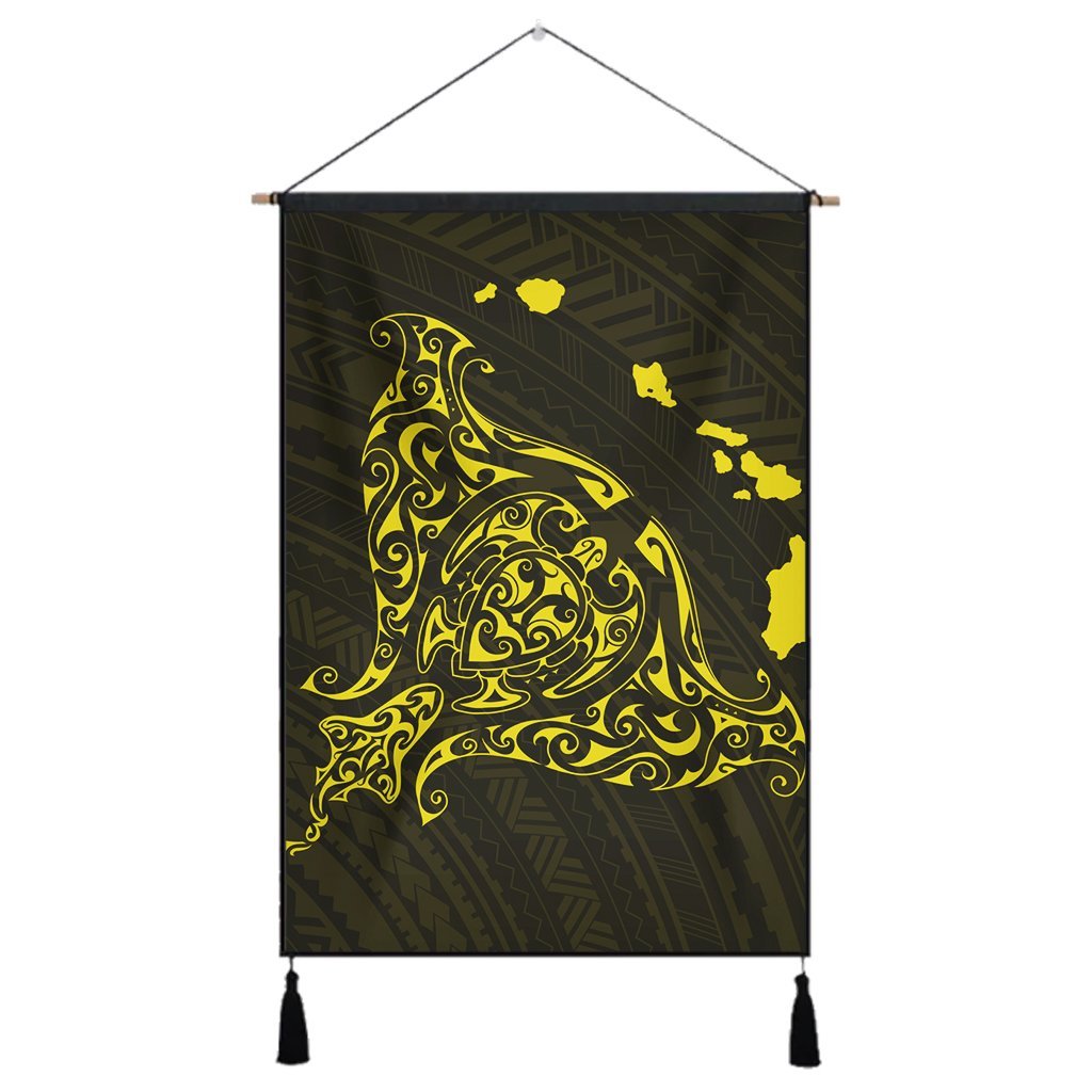 Hawaiian Map Manta Ray Yellow Polynesian Hanging Poster - AH Hanging Poster Cotton And Linen - Polynesian Pride