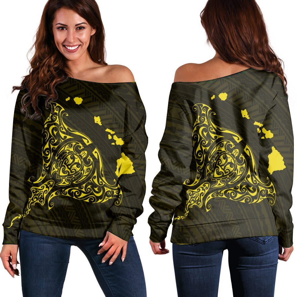 Hawaiian Map Manta Ray Yellow Polynesian Women's Off Shoulder Sweater - AH Black - Polynesian Pride