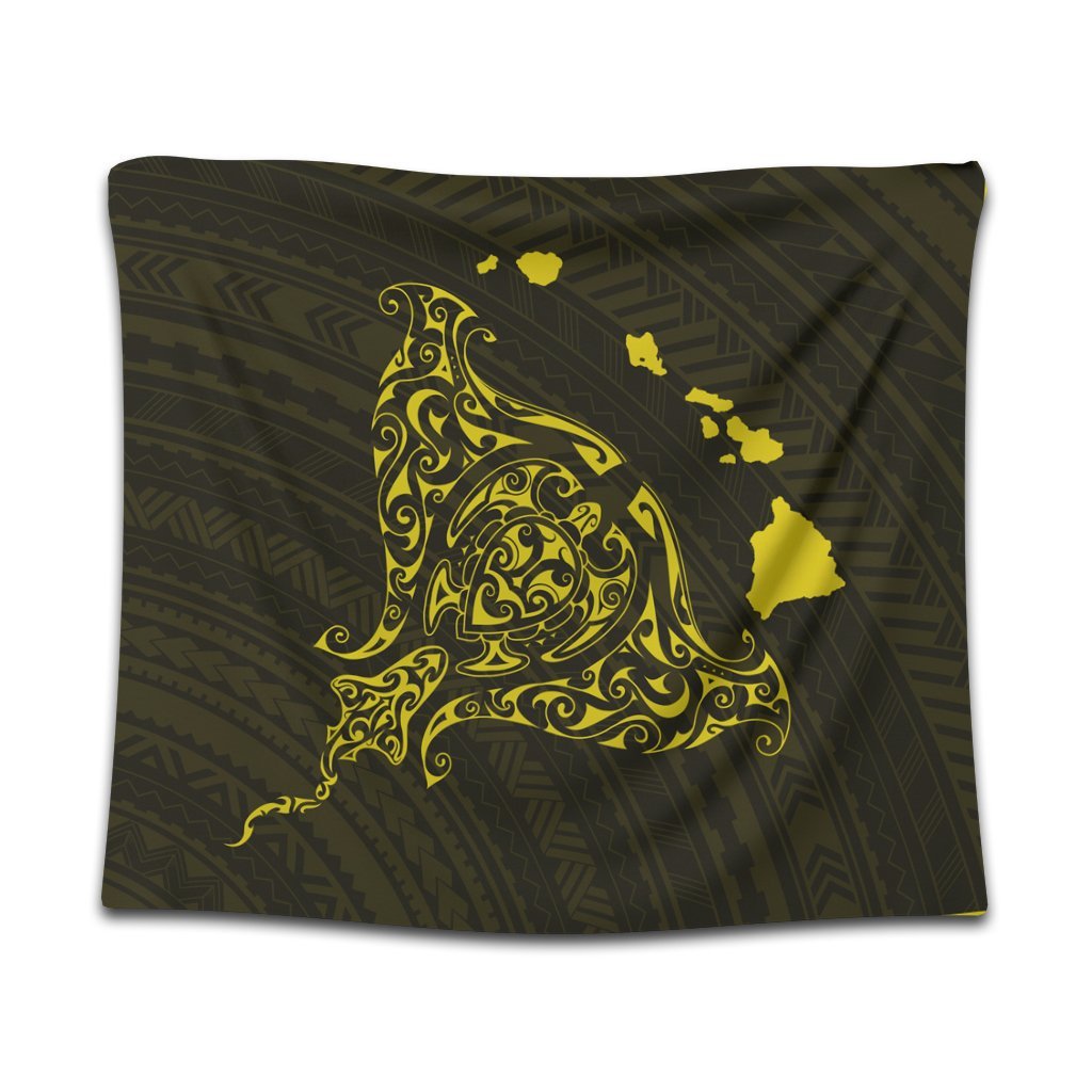 Hawaiian Map Manta Ray Yellow Polynesian Tapestry - AH Wall Tapestry Black - Polynesian Pride