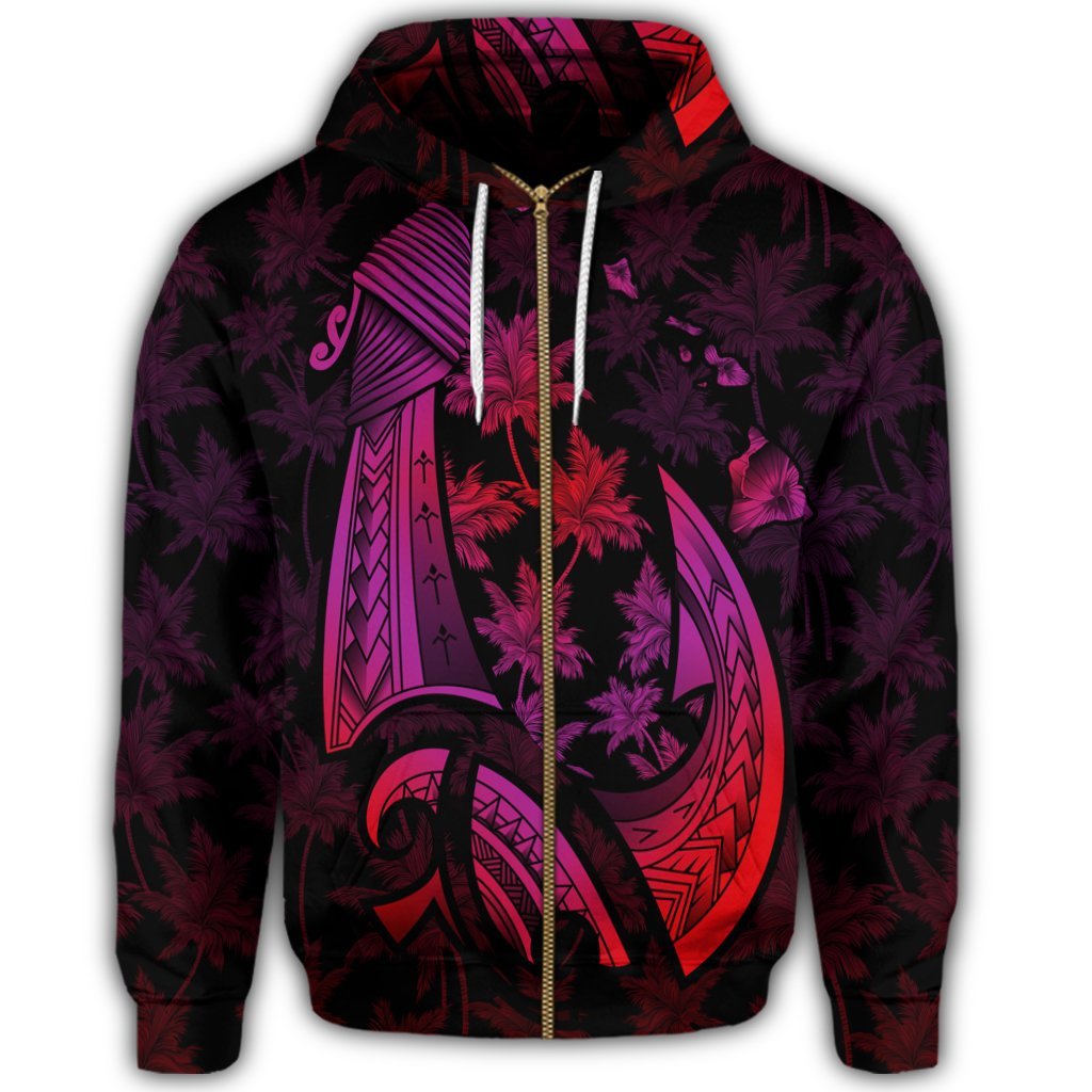Hawaiian Map Palm Trees Fish Hook Polynesian Zip Hoodie Colorful Red - Polynesian Pride