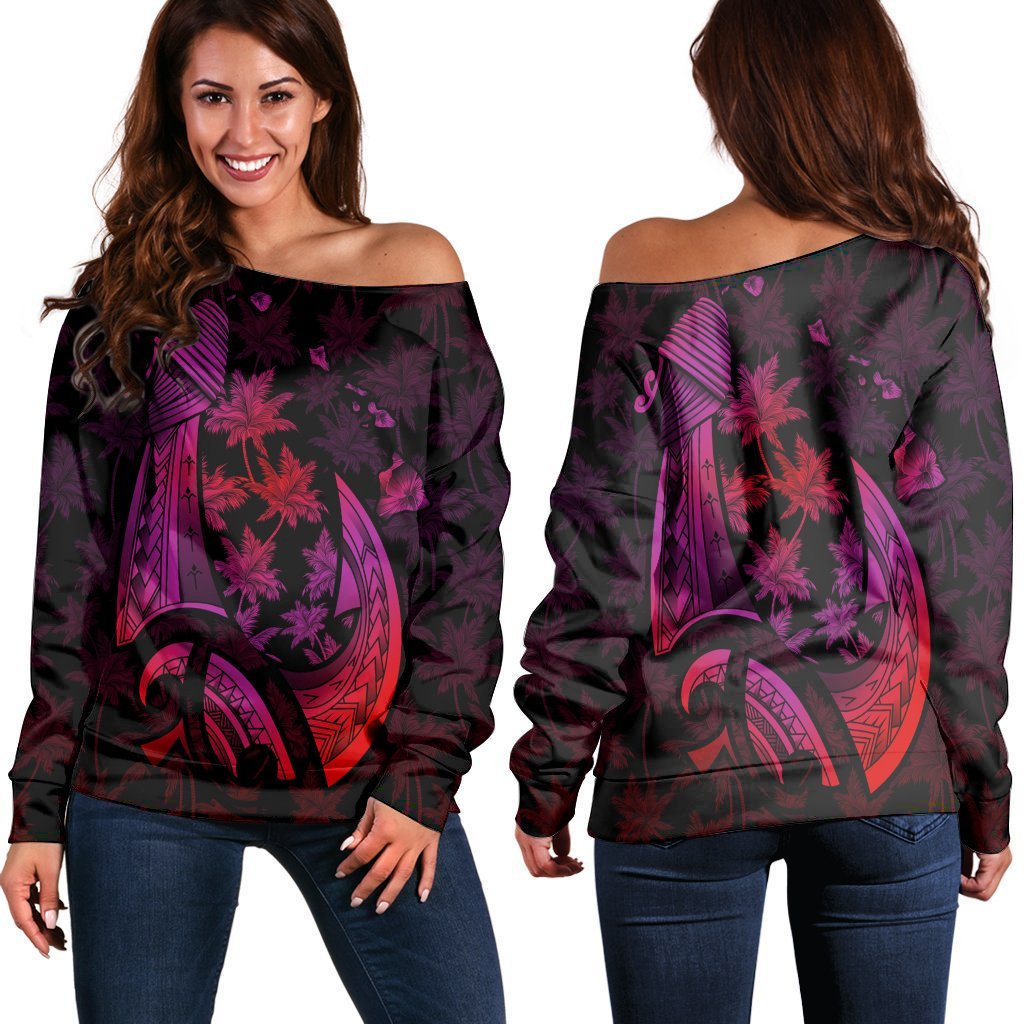 Hawaiian Map Palm Trees Fish Hook Polynesian Women's Off Shoulder Sweater Colorful Red - AH Black - Polynesian Pride