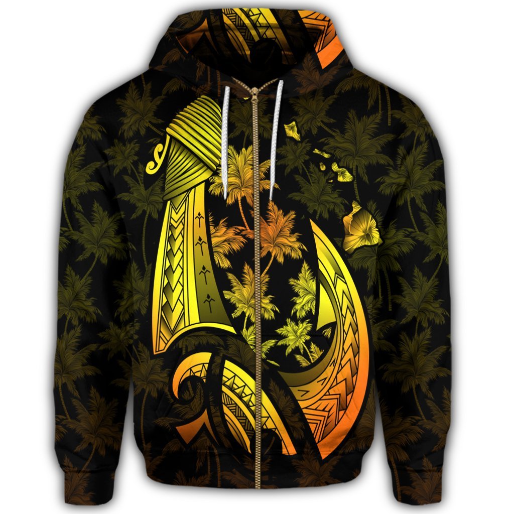 Hawaiian Map Palm Trees Fish Hook Polynesian Zip Hoodie Colorful Yellow - Polynesian Pride