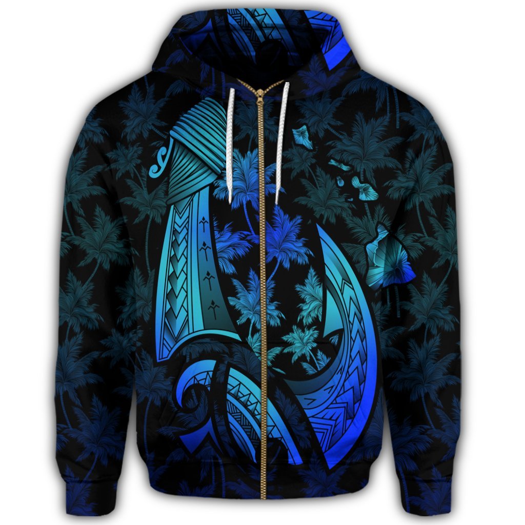 Hawaiian Map Palm Trees Fish Hook Polynesian Quilt Zip Hoodie Colorful Blue - Polynesian Pride