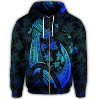 Hawaiian Map Palm Trees Fish Hook Polynesian Quilt Zip Hoodie Colorful Blue - Polynesian Pride