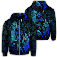 Hawaiian Map Palm Trees Fish Hook Polynesian Quilt Zip Hoodie Colorful Blue Unisex Art - Polynesian Pride