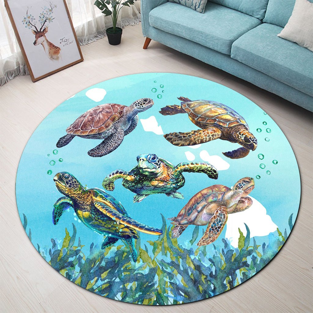 Hawaiian Map Sea Turtles Ocean Polynesian Round Carpet - AH - Polynesian Pride