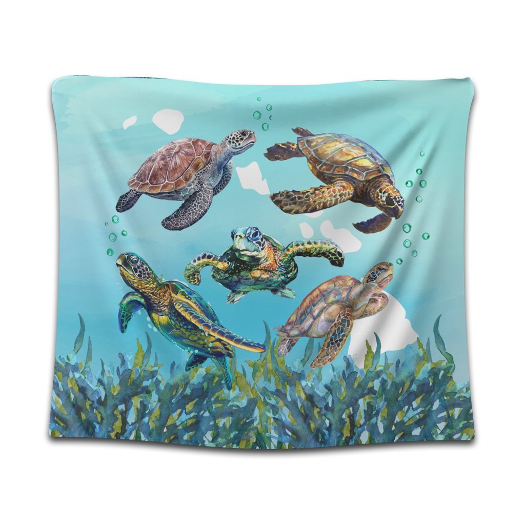 Hawaiian Map Sea Turtles Ocean Polynesian Tapestry - AH Wall Tapestry Black - Polynesian Pride