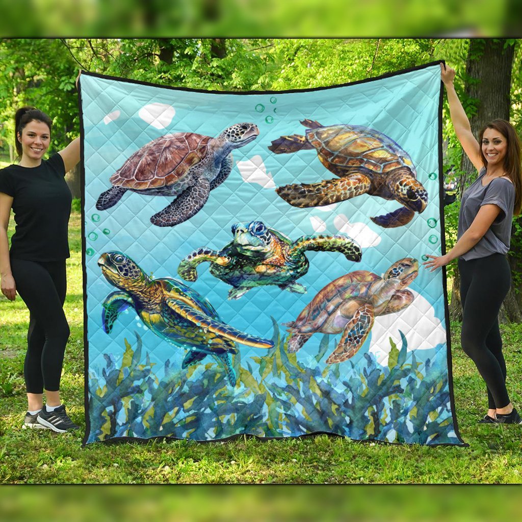 Hawaiian Map Sea Turtles Ocean Polynesian Premium Quilts - AH Black - Polynesian Pride