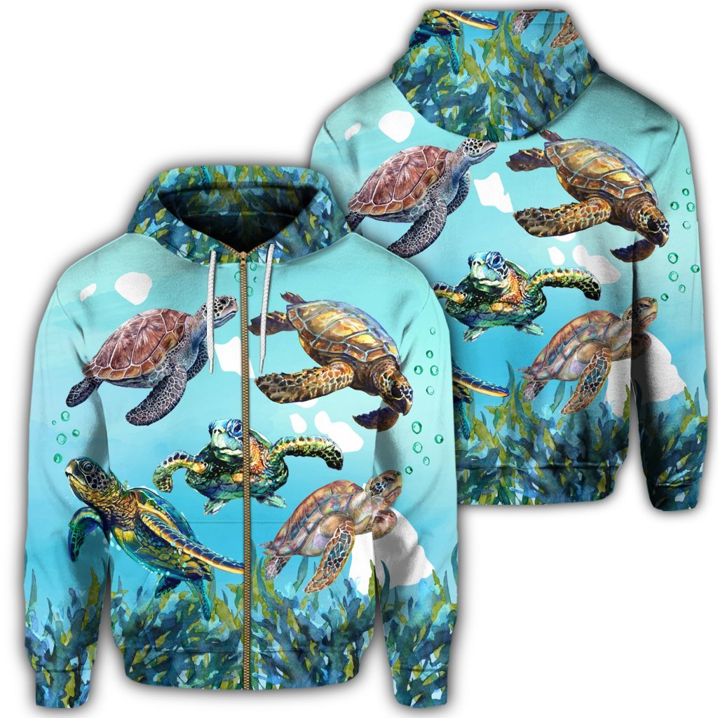 Hawaiian Map Sea Turtles Ocean Polynesian Zip Hoodie Unisex Art - Polynesian Pride