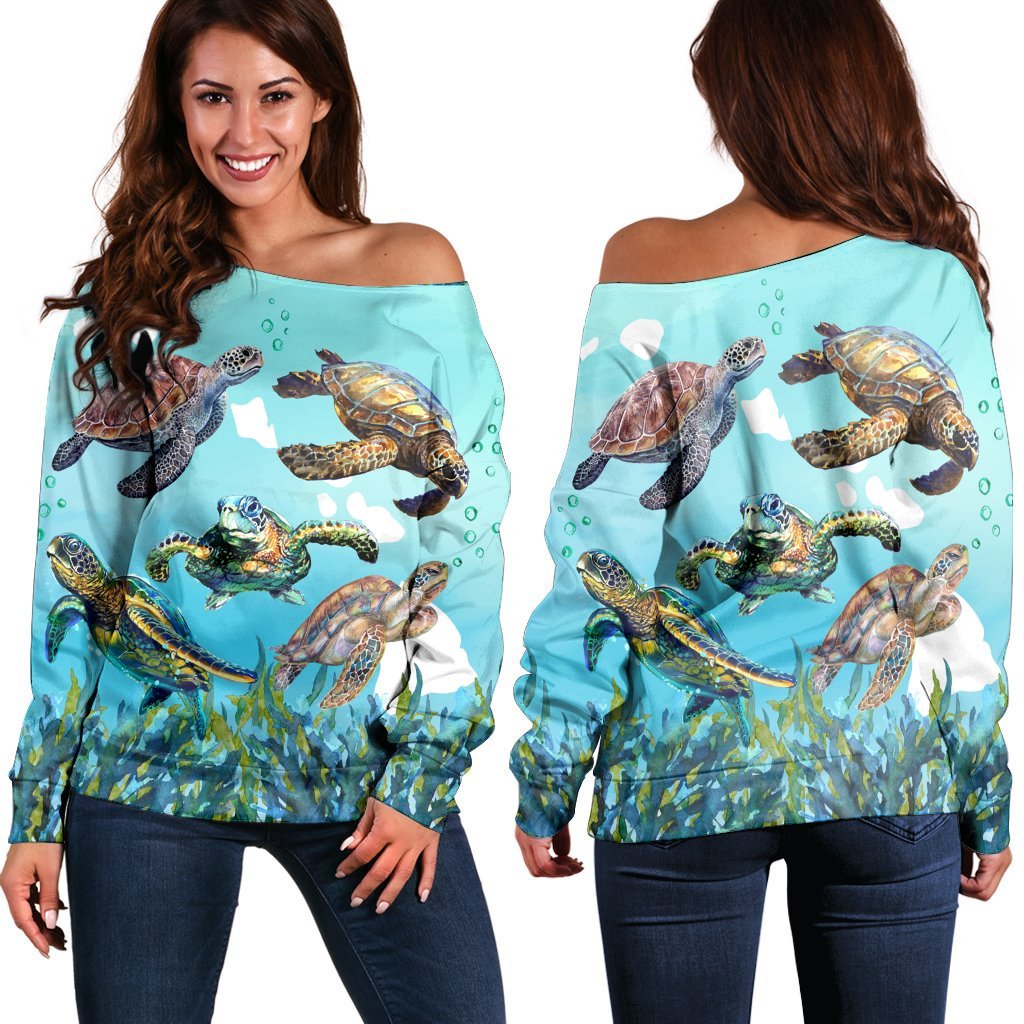 Hawaiian Map Sea Turtles Ocean Polynesian Women's Off Shoulder Sweater - AH Black - Polynesian Pride