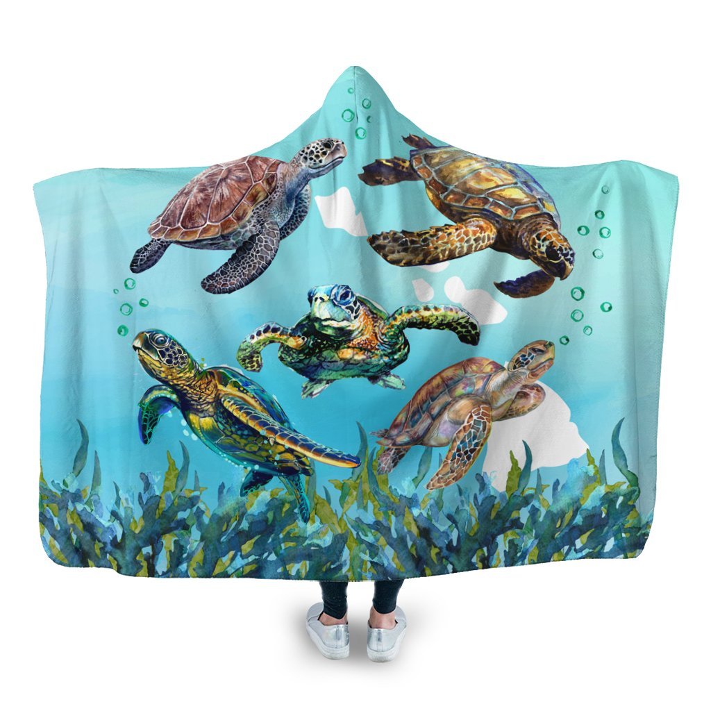 Hawaiian Map Sea Turtles Ocean Polynesian Hooded Blanket - AH Hooded Blanket White - Polynesian Pride