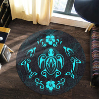 Hawaiian Map Turtle Dolphin With Plumeria Round Carpet - AH - Polynesian Pride