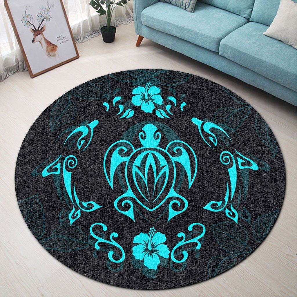 Hawaiian Map Turtle Dolphin With Plumeria Round Carpet - AH - Polynesian Pride