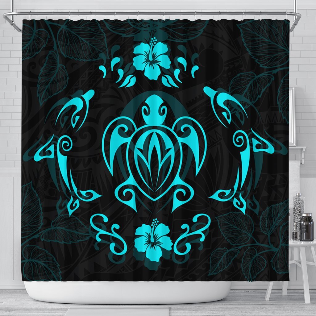 Hawaiian Map Turtle Dolphin With Plumeria Shower Curtain - AH 177 x 172 (cm) Black - Polynesian Pride