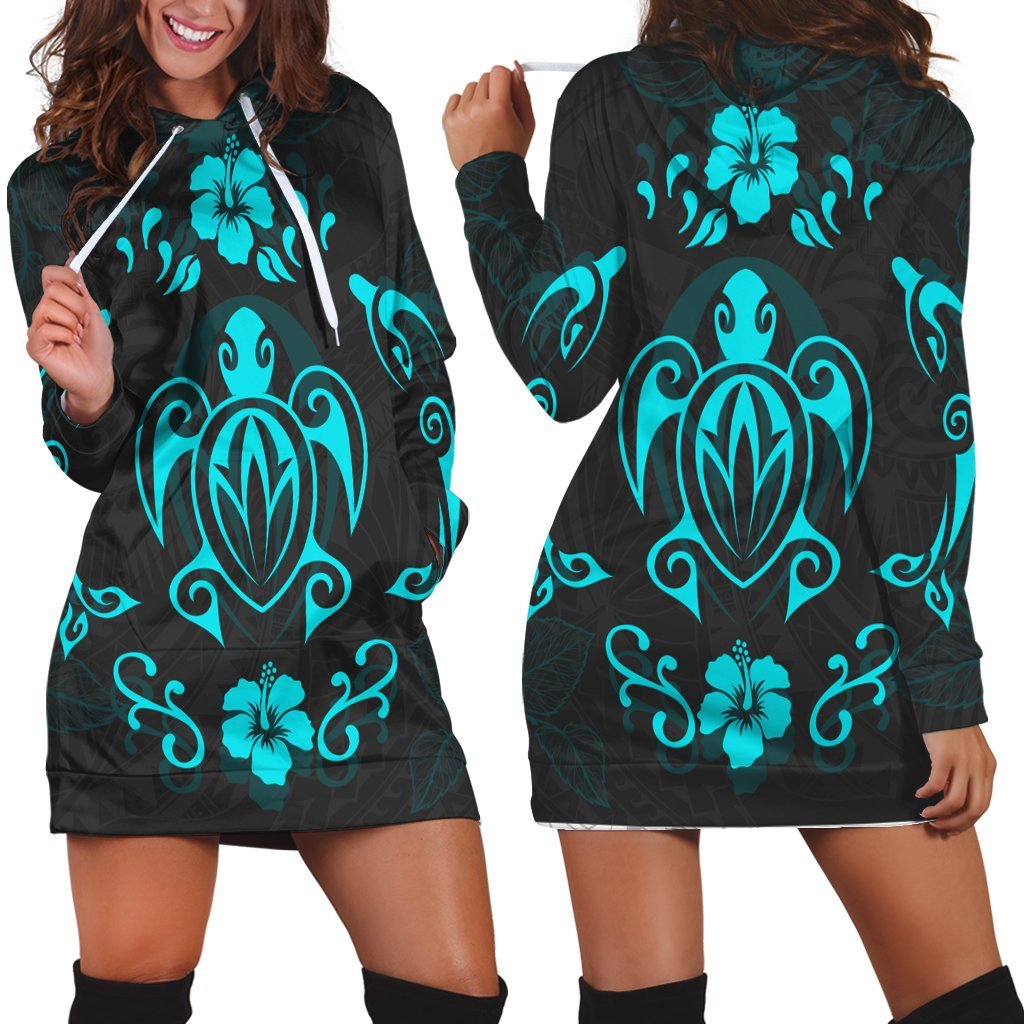 Hawaiian Map Turtle Dolphin With Plumeria Hoodie Dress - AH Black - Polynesian Pride