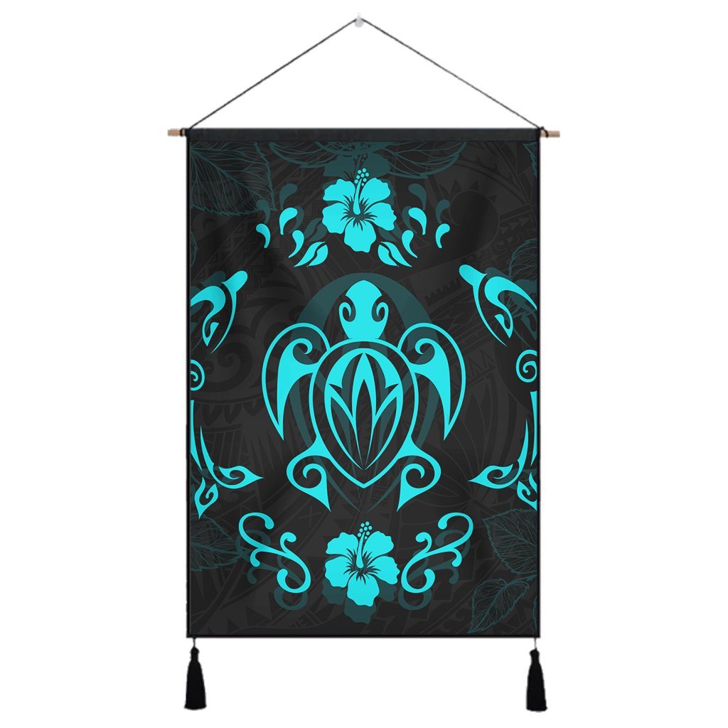 Hawaiian Map Turtle Dolphin With Plumeria Hanging Poster - AH Hanging Poster Cotton And Linen - Polynesian Pride
