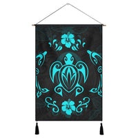 Hawaiian Map Turtle Dolphin With Plumeria Hanging Poster - AH Hanging Poster Cotton And Linen - Polynesian Pride