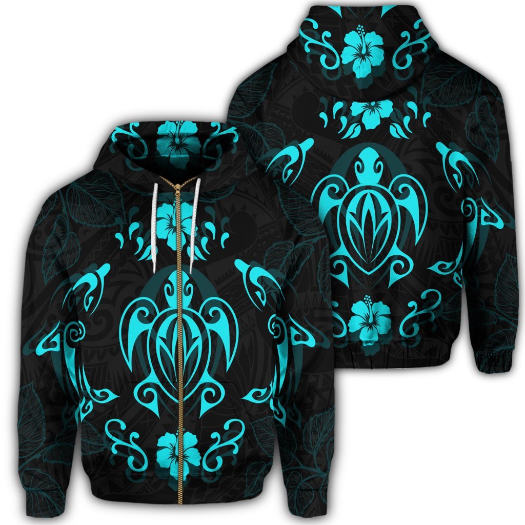 Hawaiian Map Turtle Dolphin With Plumeria Zip Hoodie Unisex Art - Polynesian Pride