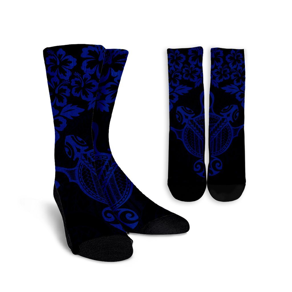 Hawaiian Map Turtle Hibiscus Kanaka Polynesian Crew Socks - Blue - AH Crew Socks White - Polynesian Pride