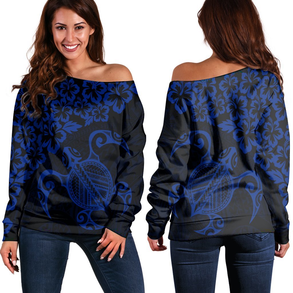 Hawaiian Map Turtle Hibiscus Kanaka Polynesian Women's Off Shoulder Sweater - Blue - AH Black - Polynesian Pride