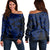 Hawaiian Map Turtle Hibiscus Kanaka Polynesian Women's Off Shoulder Sweater - Blue - AH Black - Polynesian Pride