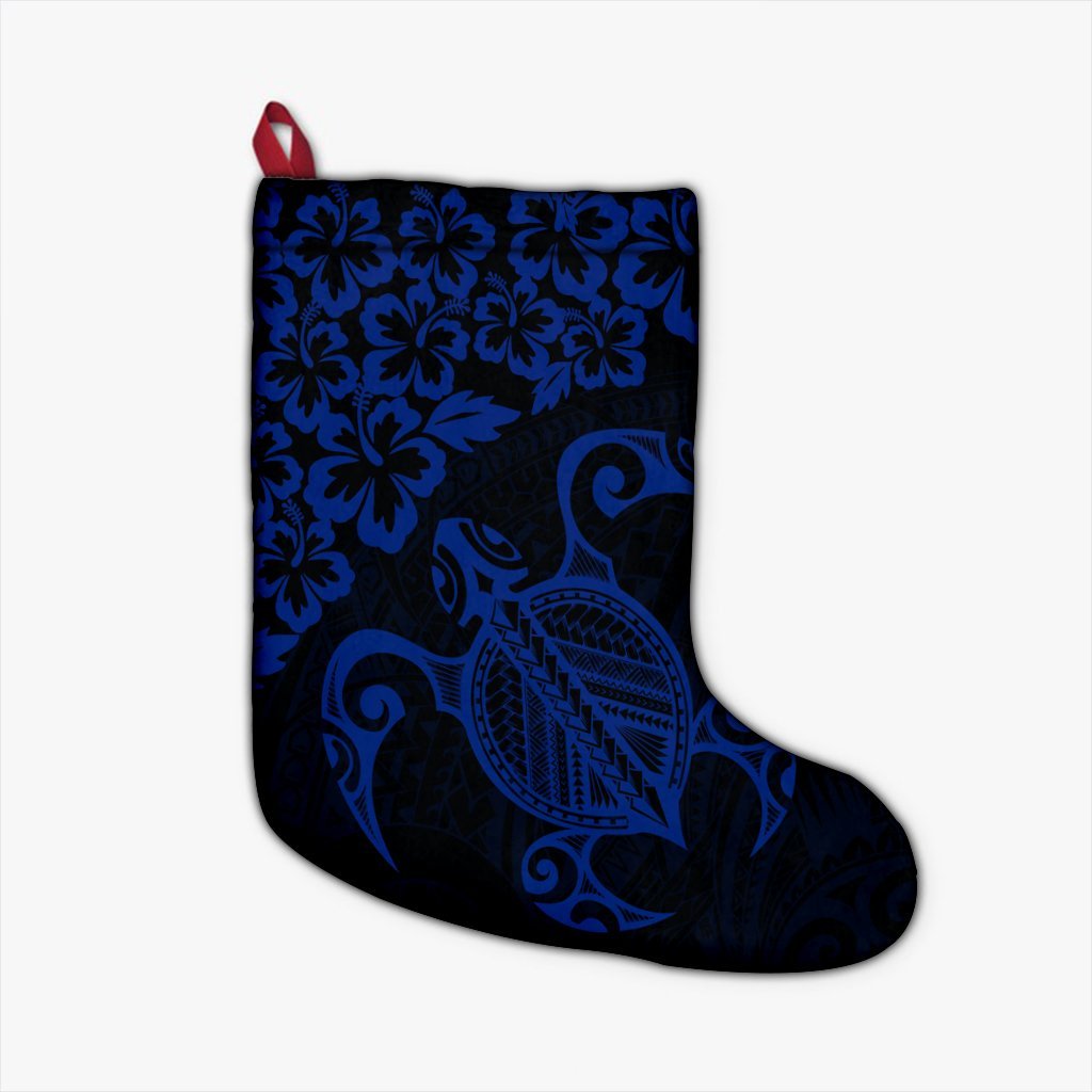 Hawaiian Map Turtle Hibiscus Kanaka Polynesian Christmas Stocking - Blue - AH Christmas Stocking 26 X 42 cm Black - Polynesian Pride