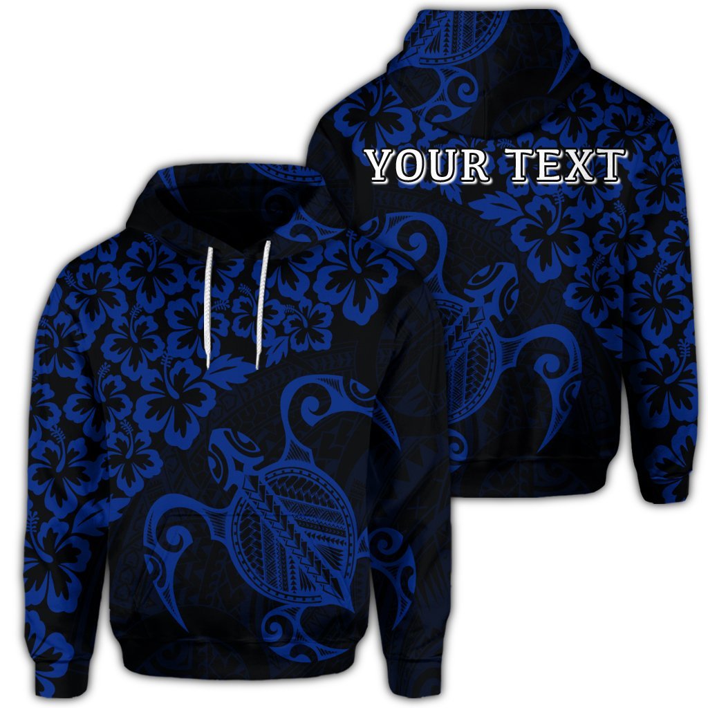 Custom Hawaiian Map Turtle Hibiscus Kanaka Polynesian Hoodie Blue Unisex Art - Polynesian Pride