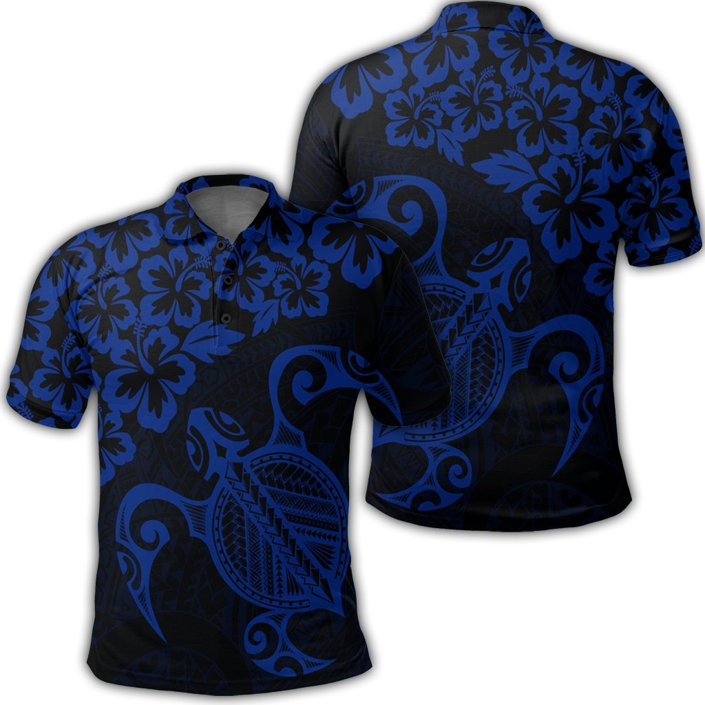 Hawaiian Map Turtle Hibiscus Kanaka Polynesian Polo Shirt Blue Unisex Black - Polynesian Pride