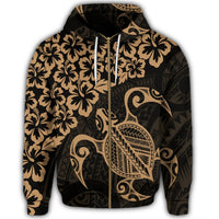 Hawaiian Map Turtle Hibiscus Kanaka Polynesian Zip Hoodie Gold - Polynesian Pride