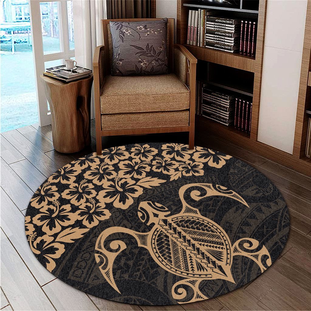 Hawaiian Map Turtle Hibiscus Kanaka Polynesian Round Carpet - Gold - AH - Polynesian Pride