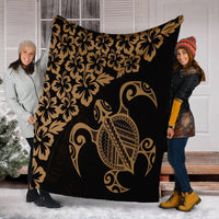 Hawaiian Map Turtle Hibiscus Kanaka Polynesian Premium Blankets - Gold - AH - Polynesian Pride