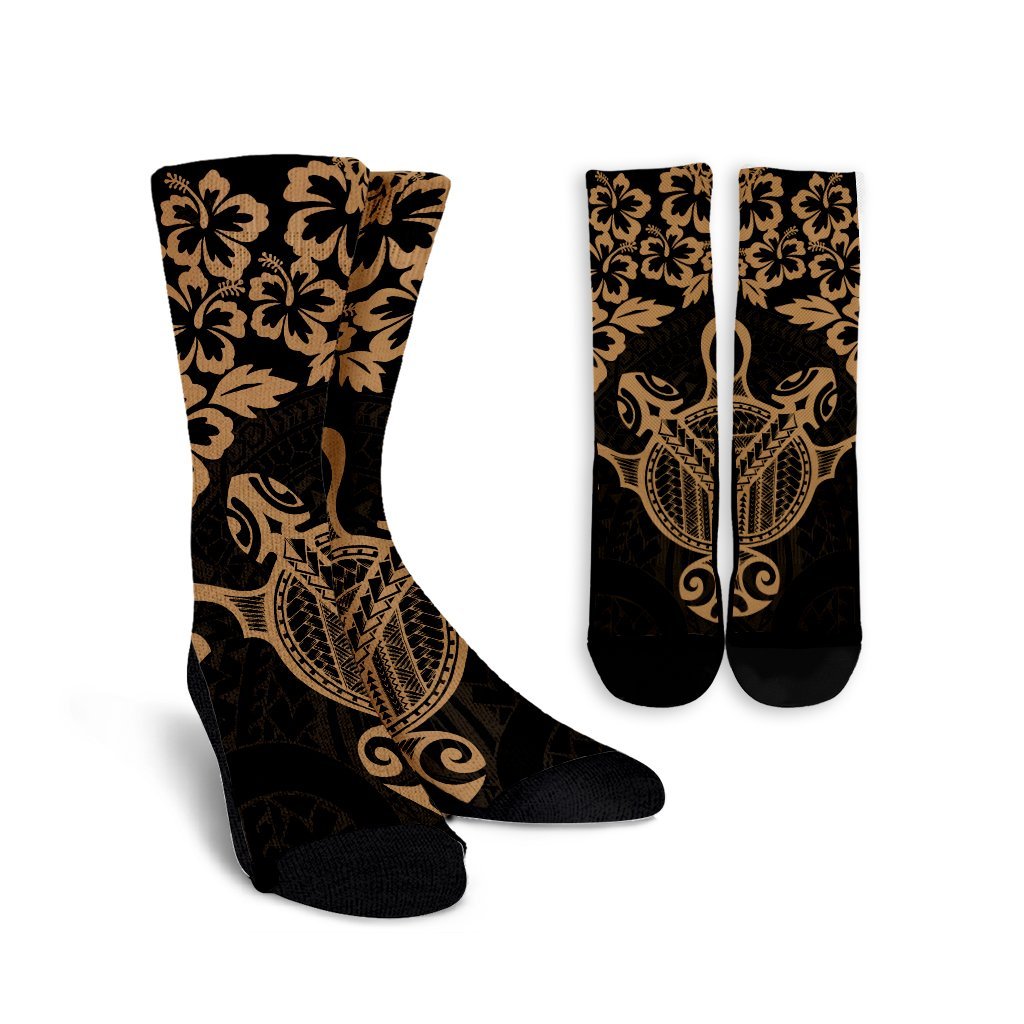 Hawaiian Map Turtle Hibiscus Kanaka Polynesian Crew Socks - Gold - AH Crew Socks White - Polynesian Pride