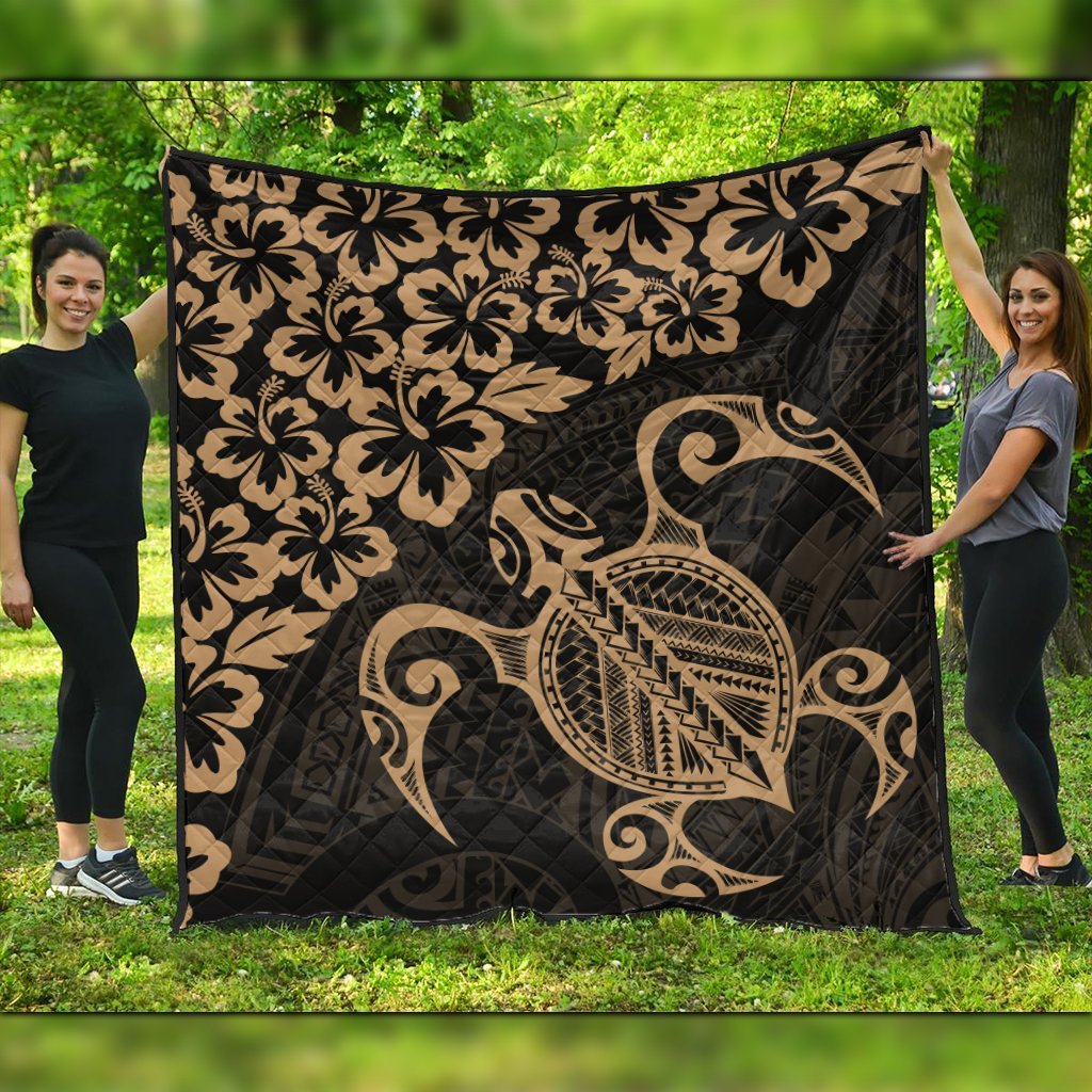 Hawaiian Map Turtle Hibiscus Kanaka Polynesian Premium Quilts - Gold - AH Black - Polynesian Pride