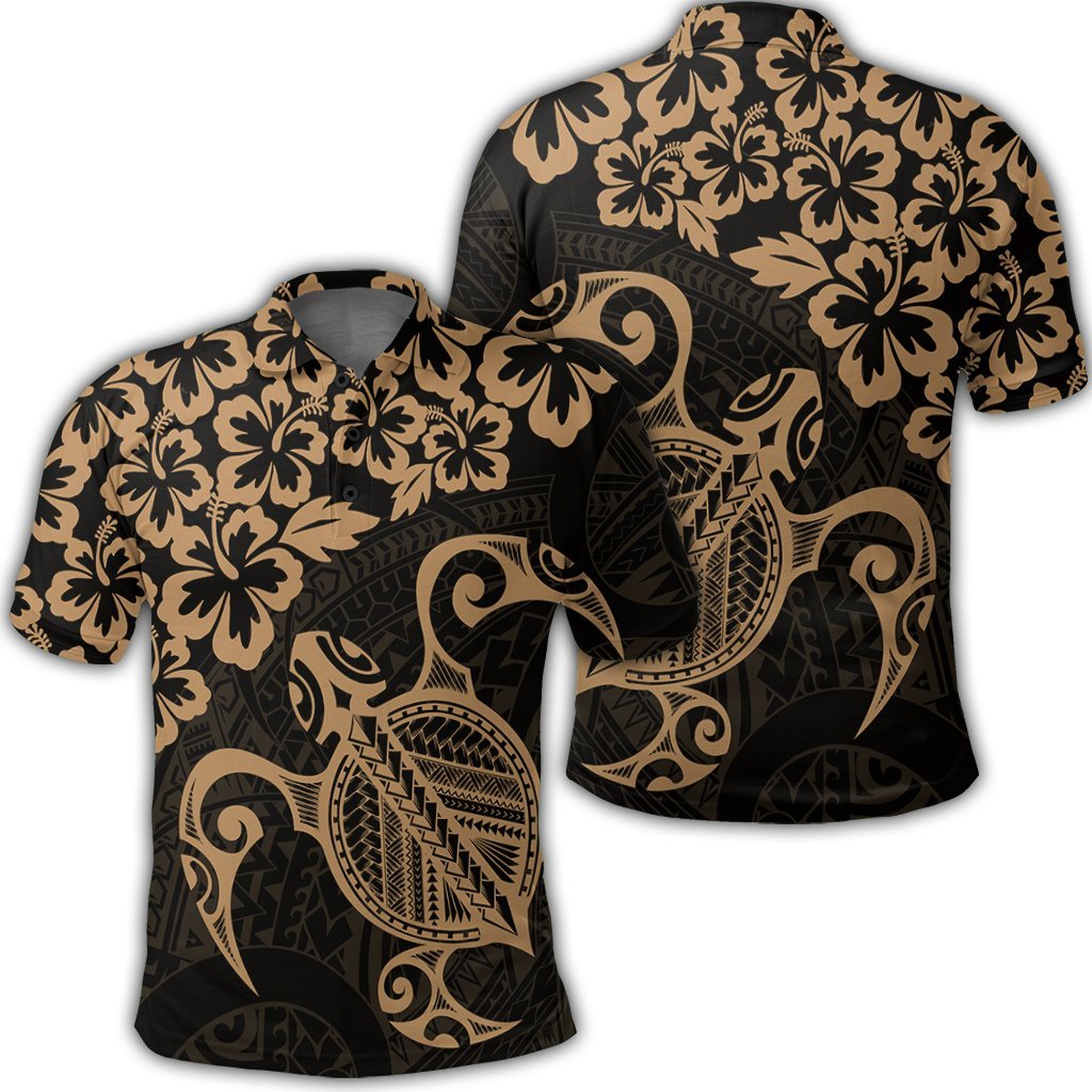 Hawaiian Map Turtle Hibiscus Kanaka Polynesian Polo Shirt Gold Unisex Black - Polynesian Pride