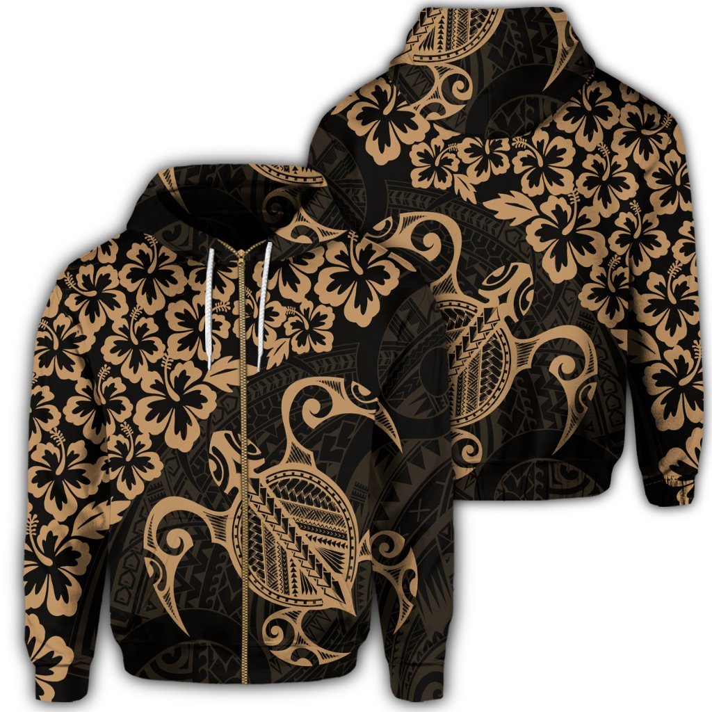 Hawaiian Map Turtle Hibiscus Kanaka Polynesian Zip Hoodie Gold Unisex Art - Polynesian Pride