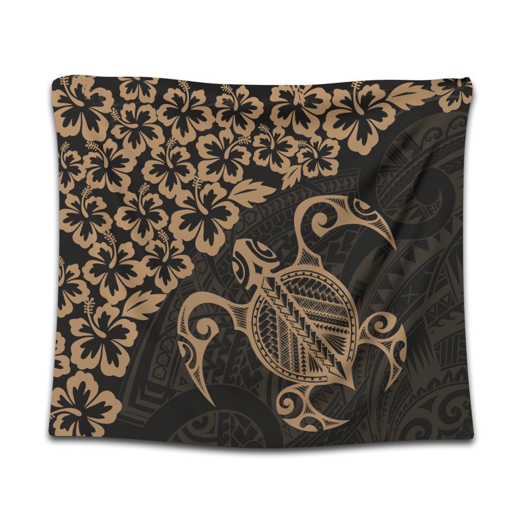 Hawaiian Map Turtle Hibiscus Kanaka Polynesian Tapestry - Gold - AH Wall Tapestry Black - Polynesian Pride