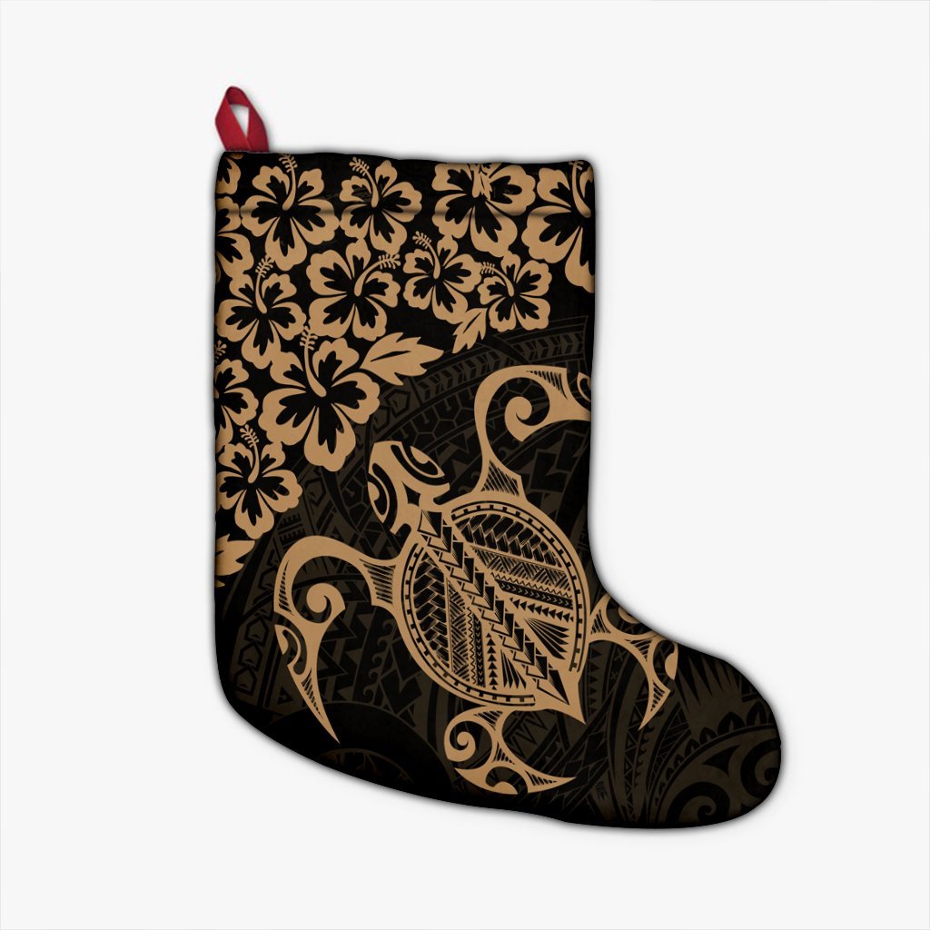 Hawaiian Map Turtle Hibiscus Kanaka Polynesian Christmas Stocking - Gold - AH Christmas Stocking 26 X 42 cm Black - Polynesian Pride