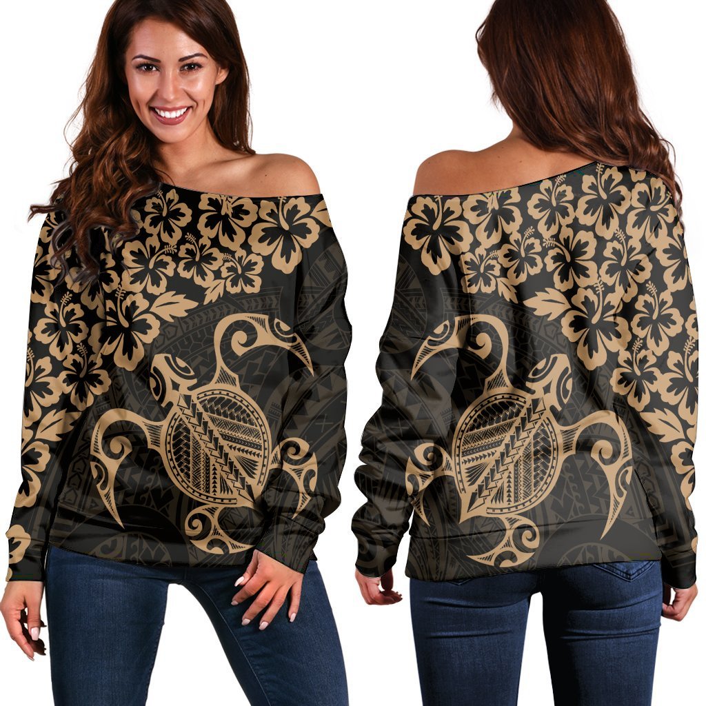 Hawaiian Map Turtle Hibiscus Kanaka Polynesian Women's Off Shoulder Sweater - Gold - AH Black - Polynesian Pride