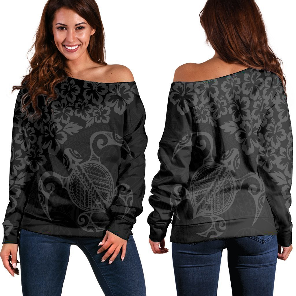 Hawaiian Map Turtle Hibiscus Kanaka Polynesian Women's Off Shoulder Sweater - Gray - AH Black - Polynesian Pride