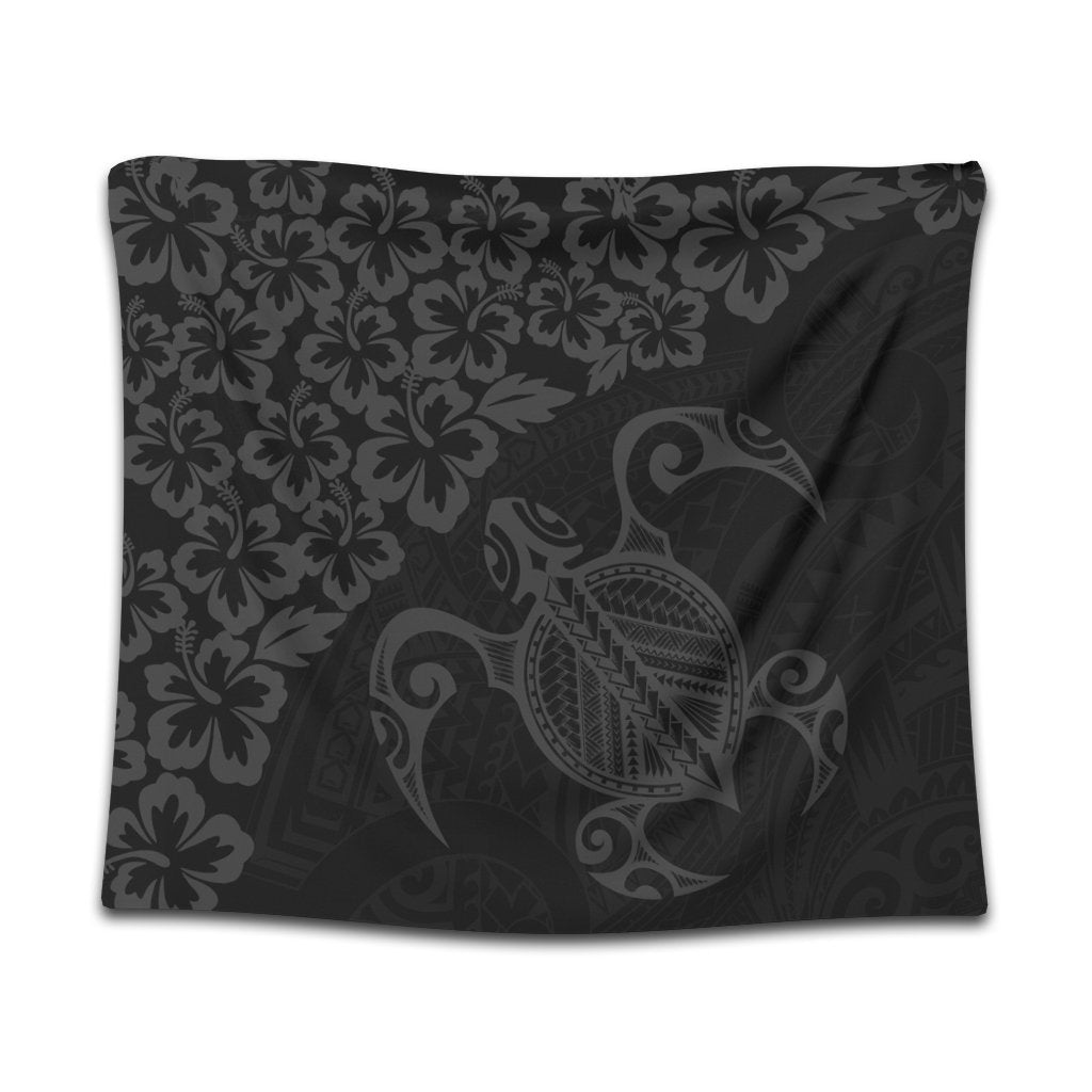 Hawaiian Map Turtle Hibiscus Kanaka Polynesian Tapestry - Gray - AH Wall Tapestry Black - Polynesian Pride