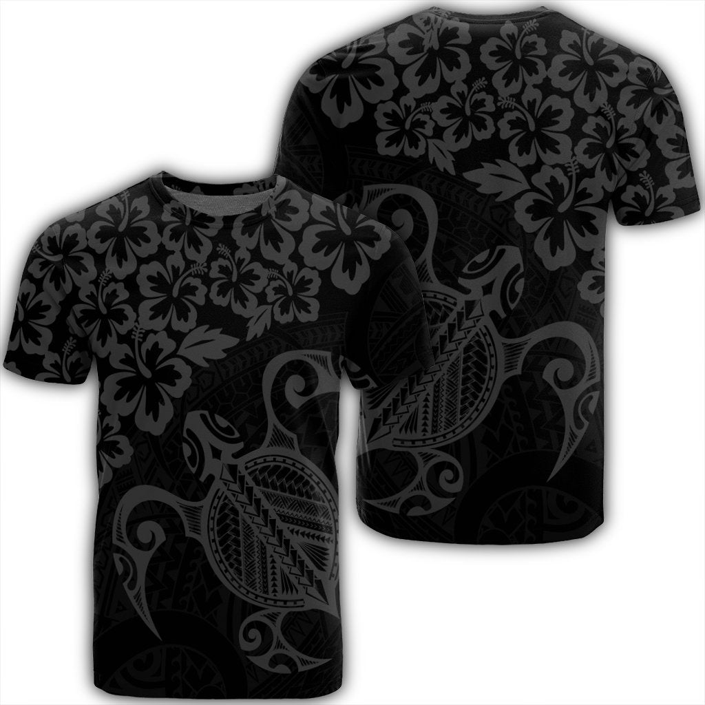 Hawaiian Map Turtle Hibiscus Kanaka Polynesian T Shirt Gray Unisex Black - Polynesian Pride