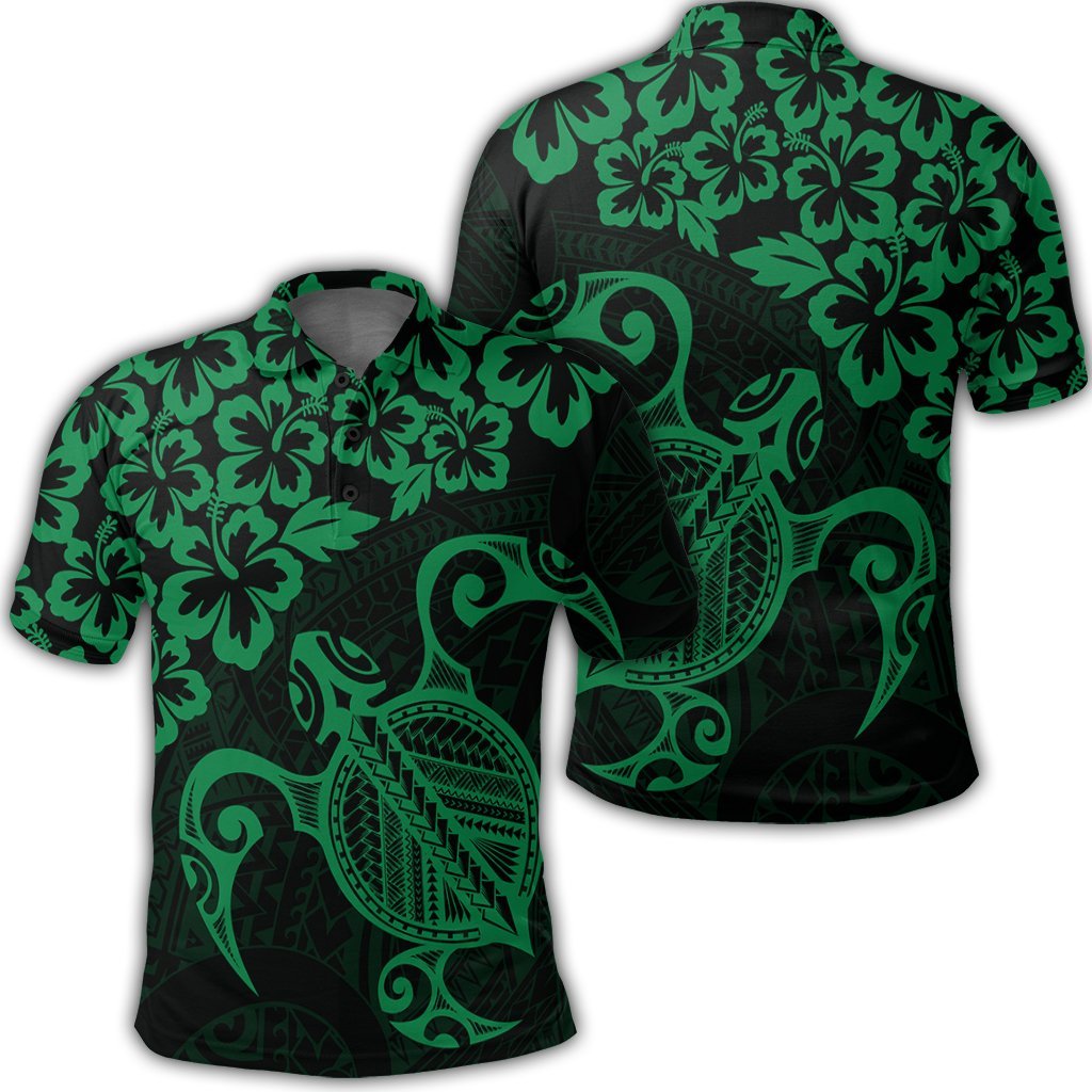 Hawaiian Map Turtle Hibiscus Kanaka Polynesian Polo Shirt Green Unisex Black - Polynesian Pride