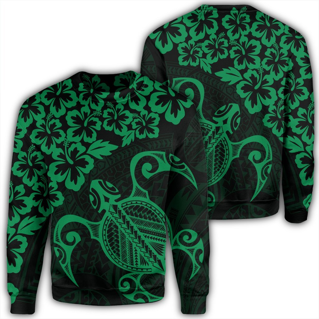 Hawaiian Map Turtle Hibiscus Kanaka Polynesian Sweatshirt - Green - AH Unisex Black - Polynesian Pride