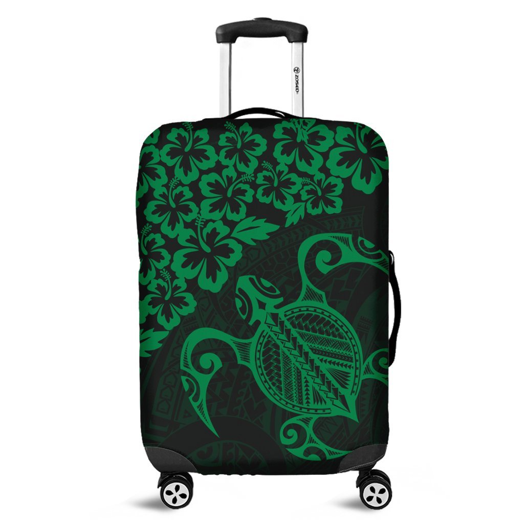 Hawaiian Map Turtle Hibiscus Kanaka Polynesian Luggage Covers - Green - AH Black - Polynesian Pride